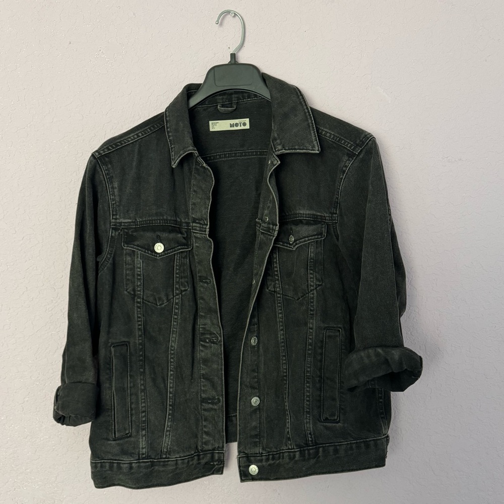 Topshop Dark Denim Jean Faded Black Charcoal Moto Jacket